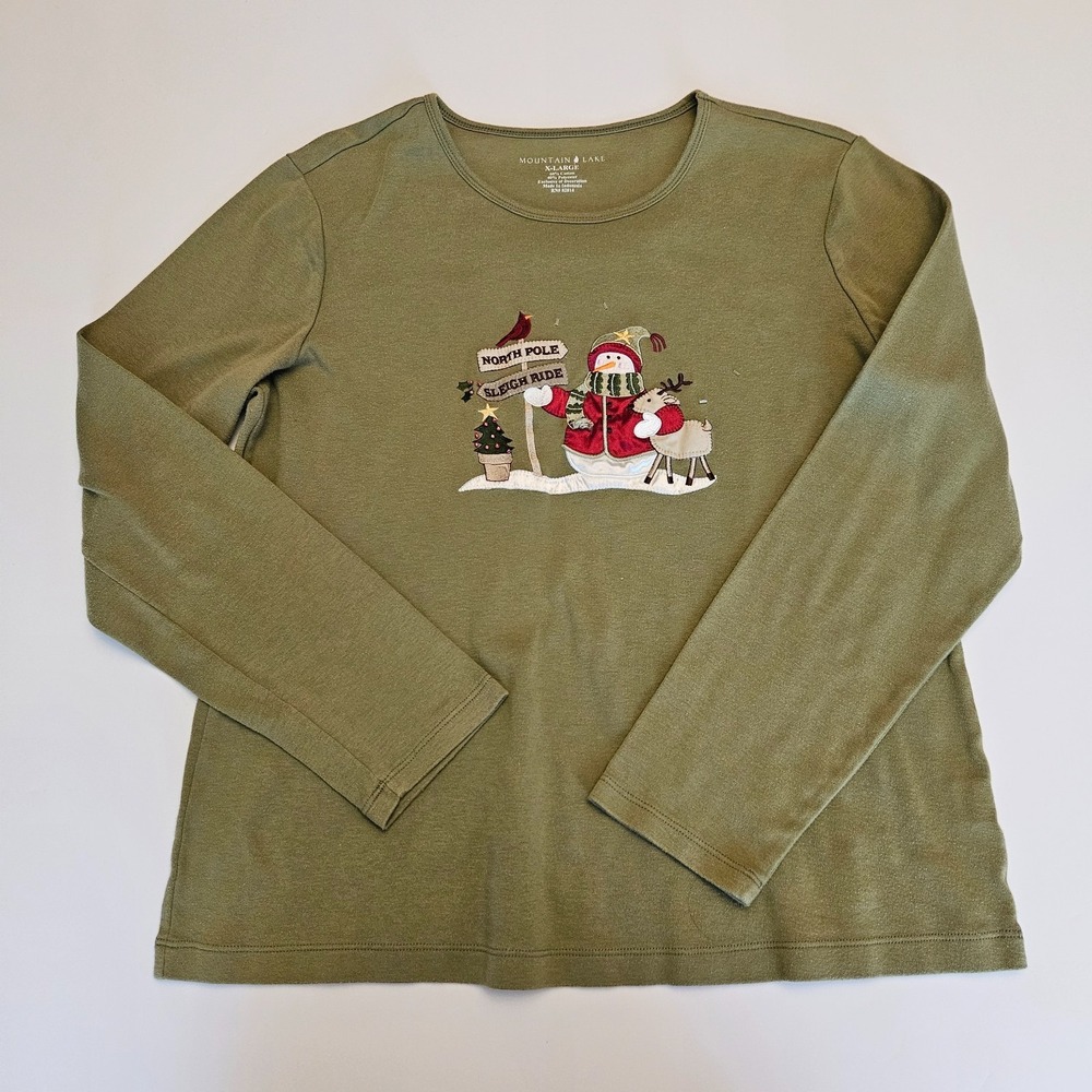 Vintage Holiday Snowman Reindeer Long Sleeve Embroidered Tee Mountain Lake XL